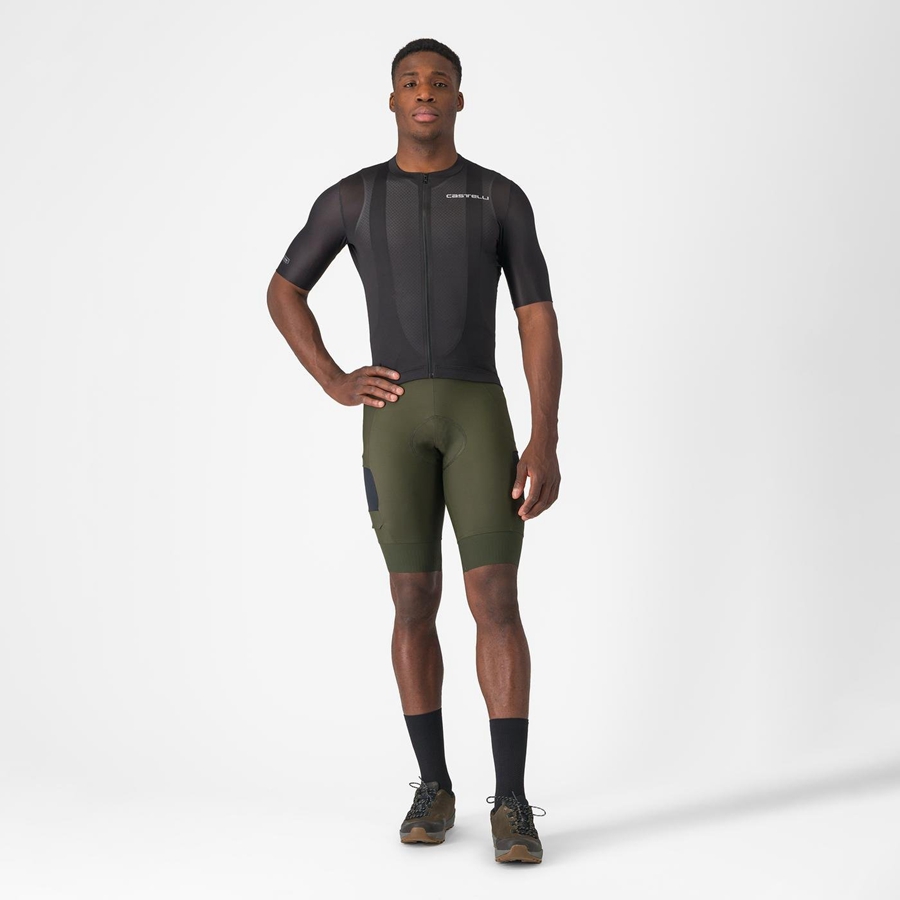 Pantaloni Scurți Cu Bavetă Barbati Castelli UNLIMITED CARGO Verzi Inchis | 26XDAIRLJ